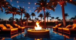 poolside evening fire pit