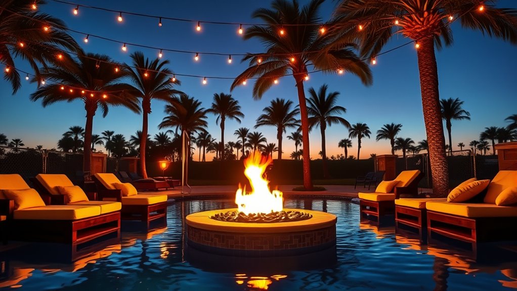 poolside evening fire pit