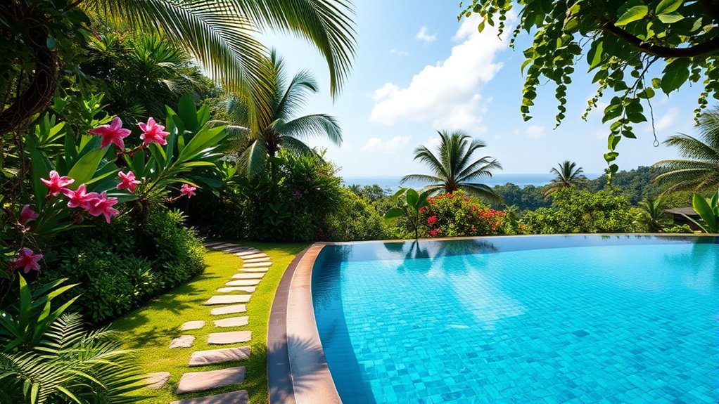 vibrant greenery surrounding pool