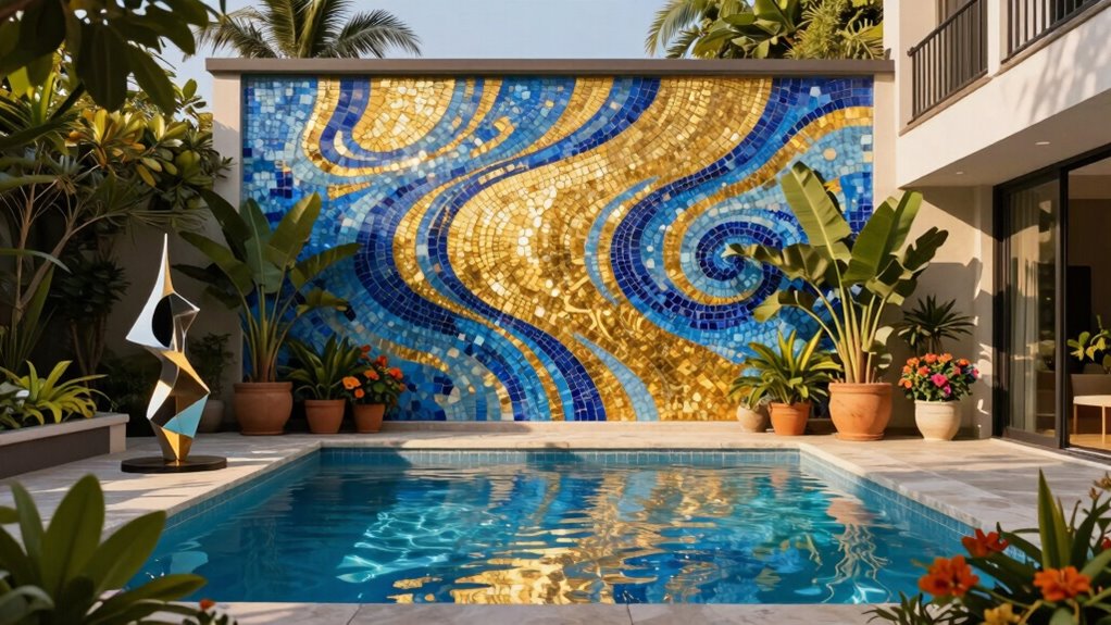 outdoor art enhances pool area