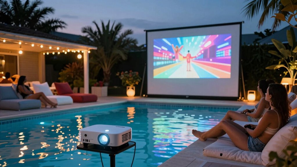 outdoor poolside cinema setup